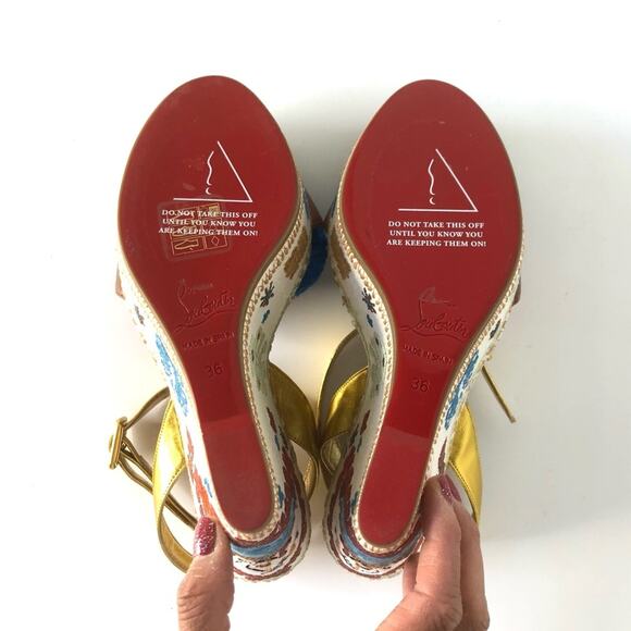 Christian Louboutin Cycladissimo Pompom Embroidered Platform Wedge Sandals 36 - Picture 9 of 11